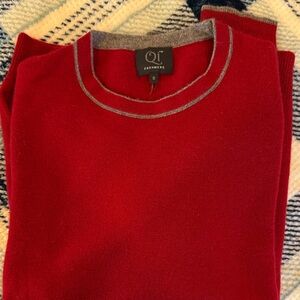 ✨ Qi Cashmere Pure Cashmere Sweater – Red with Gray Trim – Size S – MSRP $250